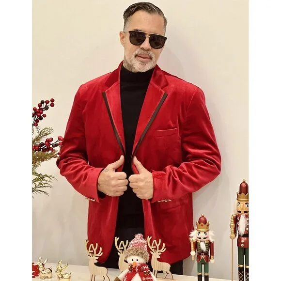 Men's Velvet Blazer Notched Lapel One Button Velour Tuxedo Jacket for Wedding